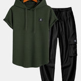 Waffle Knit Hooded T-Shirt with Arc Hem & Drawstring Corduroy Cargo Joggers
