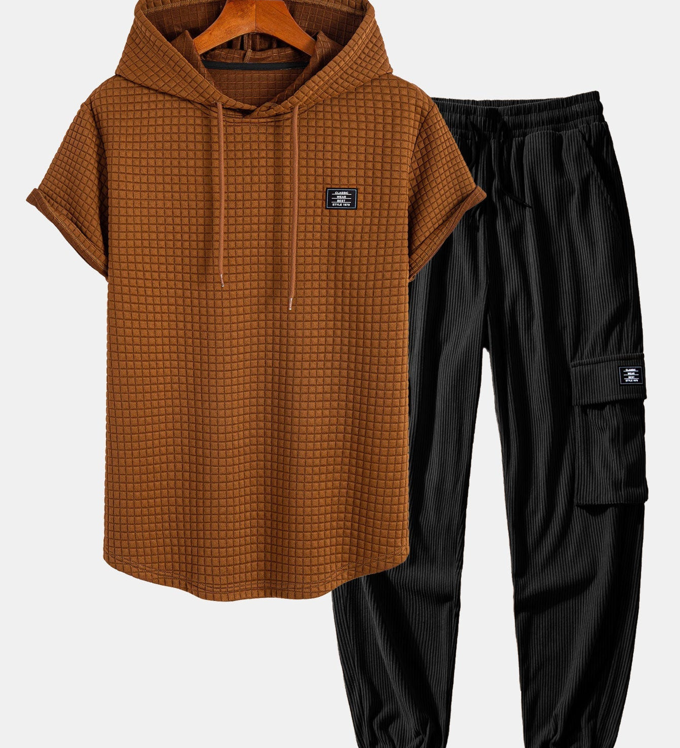 Waffle Knit Hooded T-Shirt with Arc Hem & Drawstring Corduroy Cargo Joggers