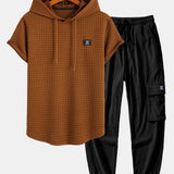 Waffle Knit Hooded T-Shirt with Arc Hem & Drawstring Corduroy Cargo Joggers