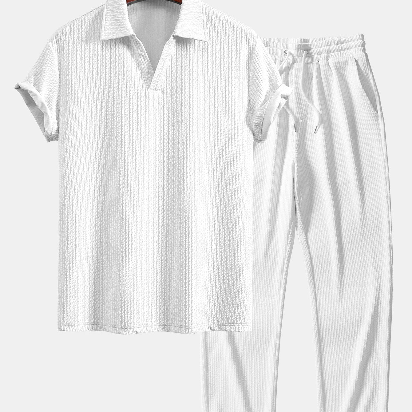V-Neck Ribbed Polo with Short Sleeves & Straight Leg Ribbed Trousers