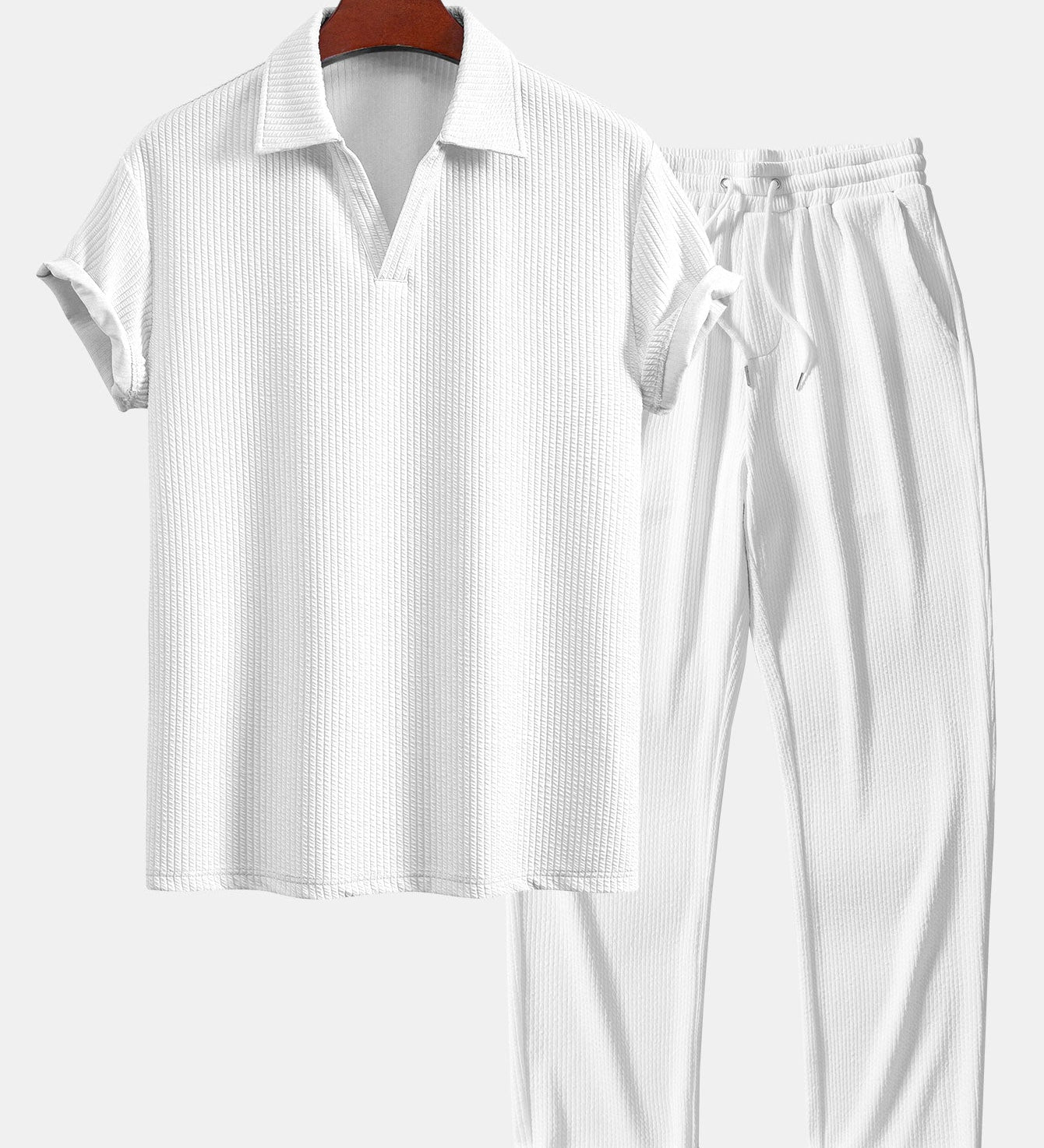 V-Neck Ribbed Polo with Short Sleeves & Straight Leg Ribbed Trousers