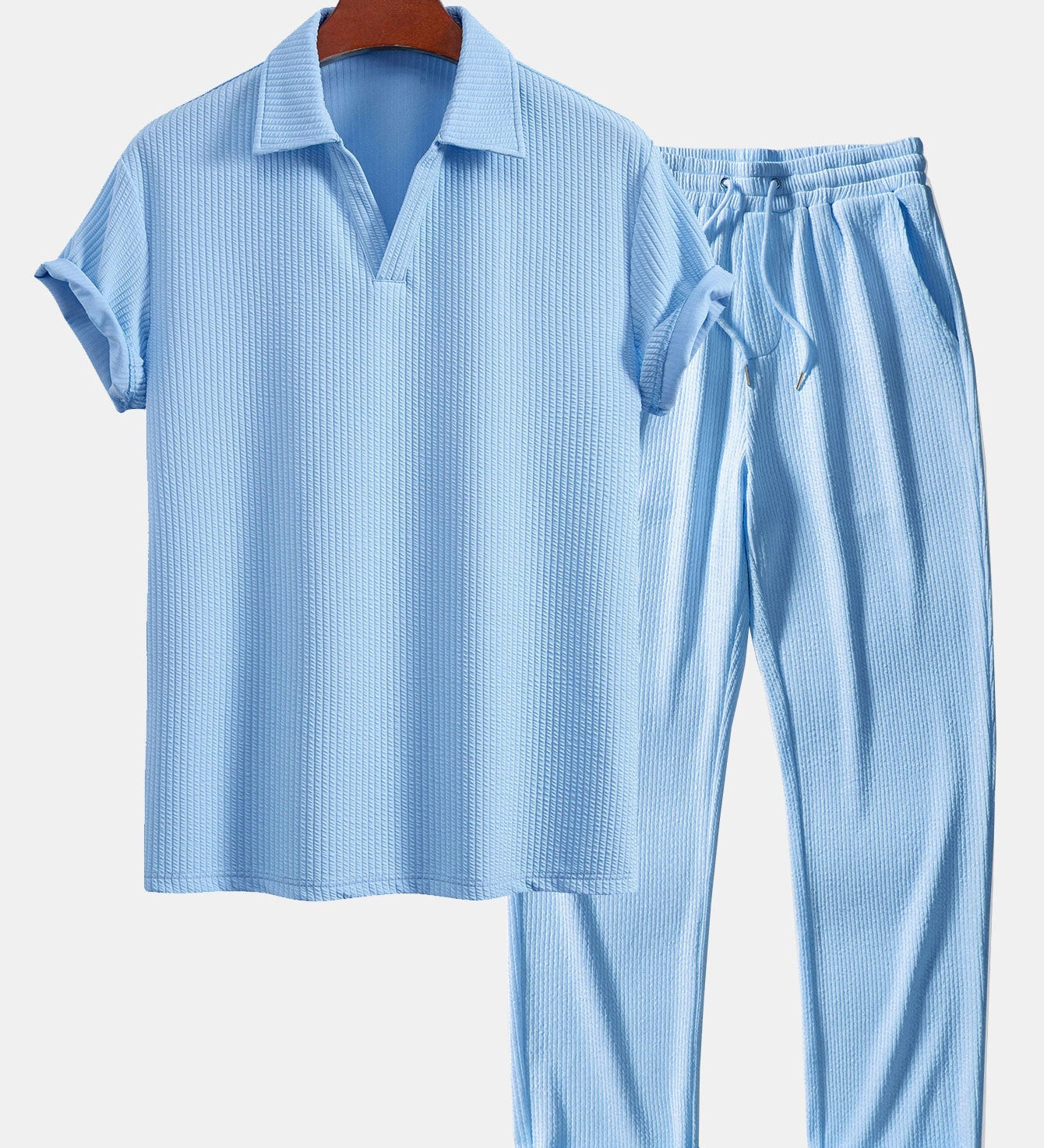 V-Neck Ribbed Polo with Short Sleeves & Straight Leg Ribbed Trousers