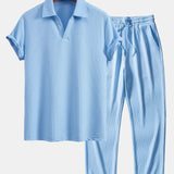 V-Neck Ribbed Polo with Short Sleeves & Straight Leg Ribbed Trousers