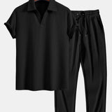 V-Neck Ribbed Polo with Short Sleeves & Straight Leg Ribbed Trousers