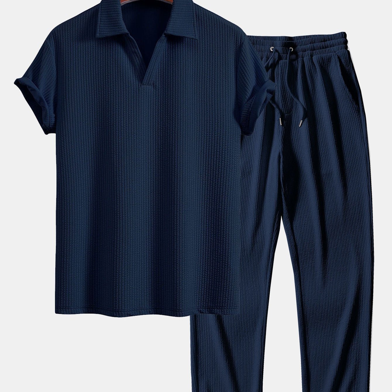 V-Neck Ribbed Polo with Short Sleeves & Straight Leg Ribbed Trousers