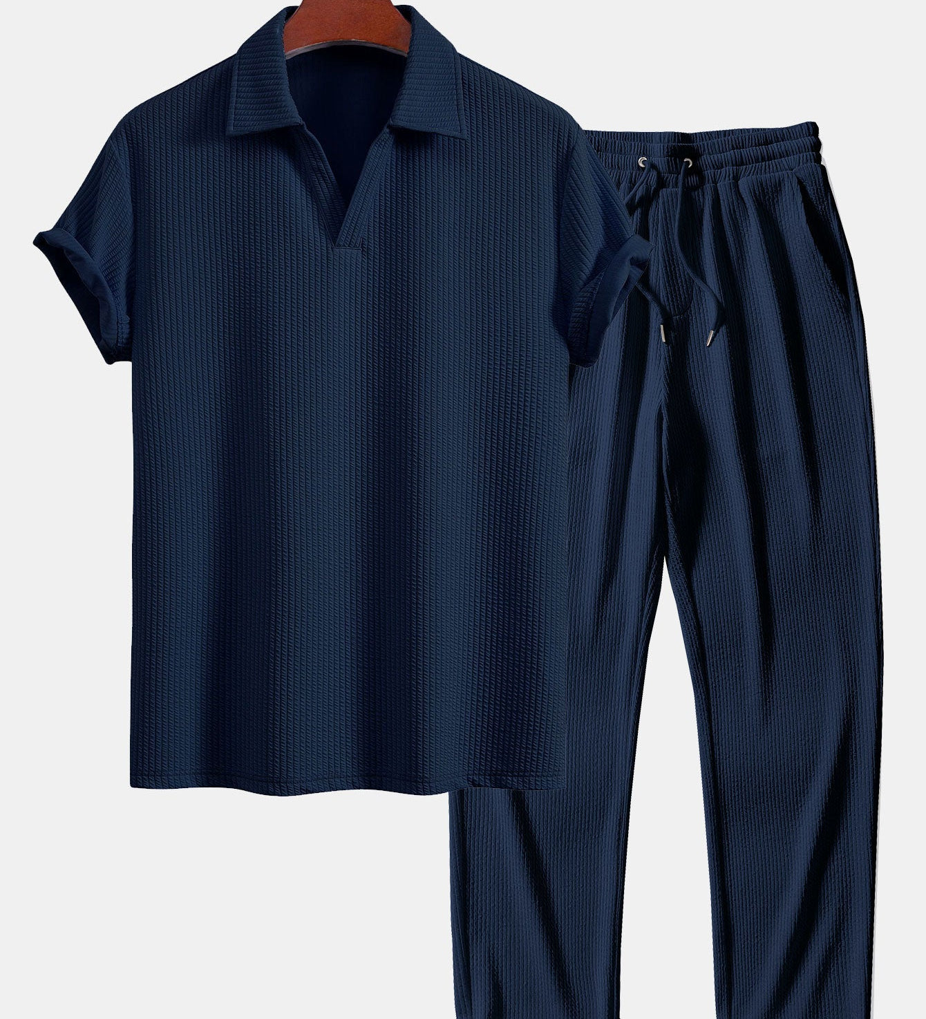 V-Neck Ribbed Polo with Short Sleeves & Straight Leg Ribbed Trousers