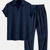 V-Neck Ribbed Polo with Short Sleeves & Straight Leg Ribbed Trousers