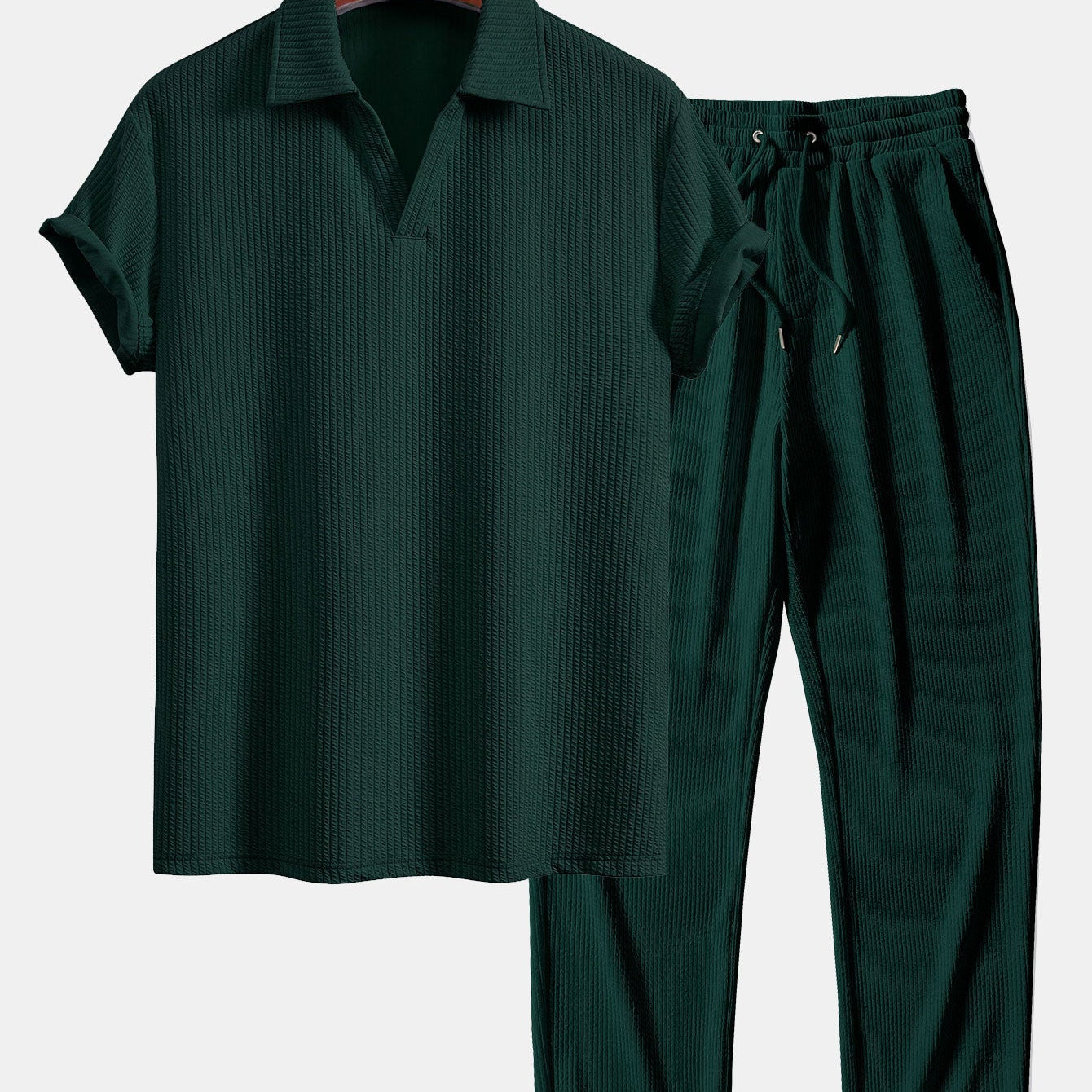 V-Neck Ribbed Polo with Short Sleeves & Straight Leg Ribbed Trousers