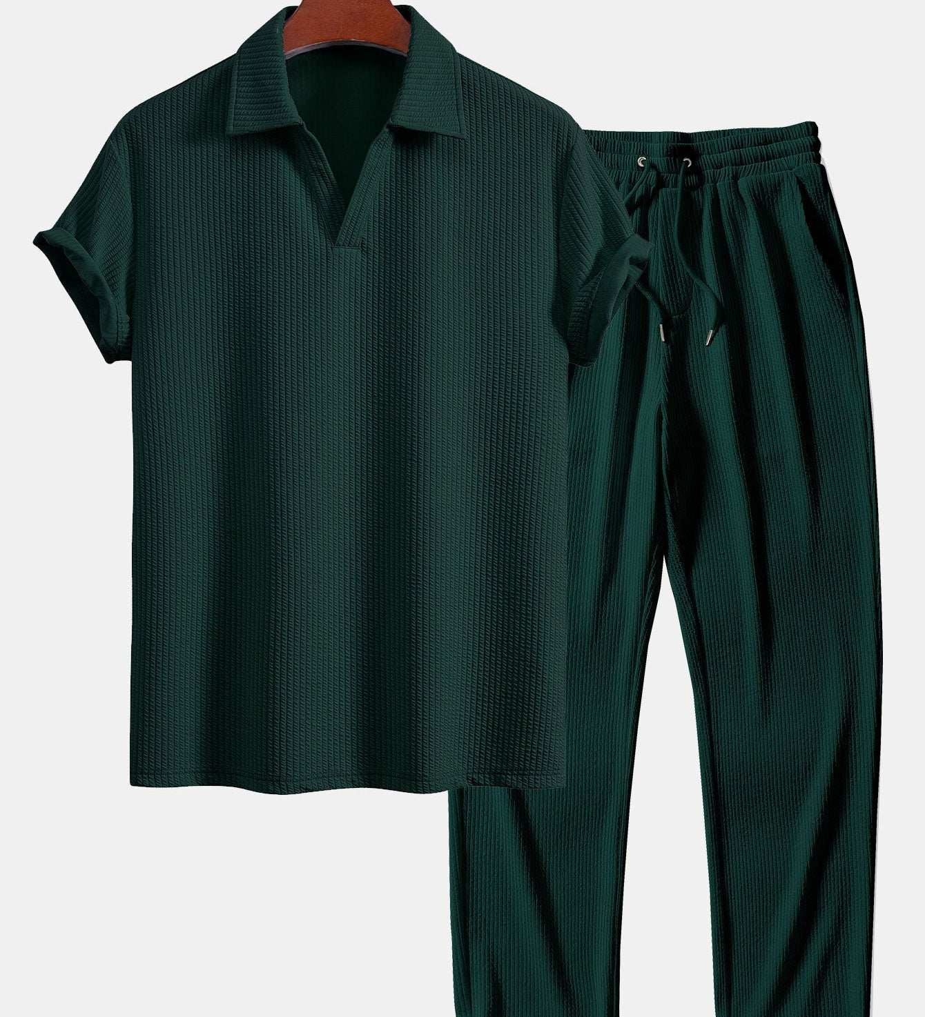 V-Neck Ribbed Polo with Short Sleeves & Straight Leg Ribbed Trousers