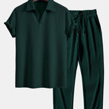 V-Neck Ribbed Polo with Short Sleeves & Straight Leg Ribbed Trousers