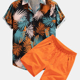 Leaf Print Button-Up Shirt & Mid-Length Drawstring Swim Shorts for Men
