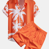 Palm Tree Print Button-Up Shirt with Matching Mid-Length Drawstring Swim Shorts for Men