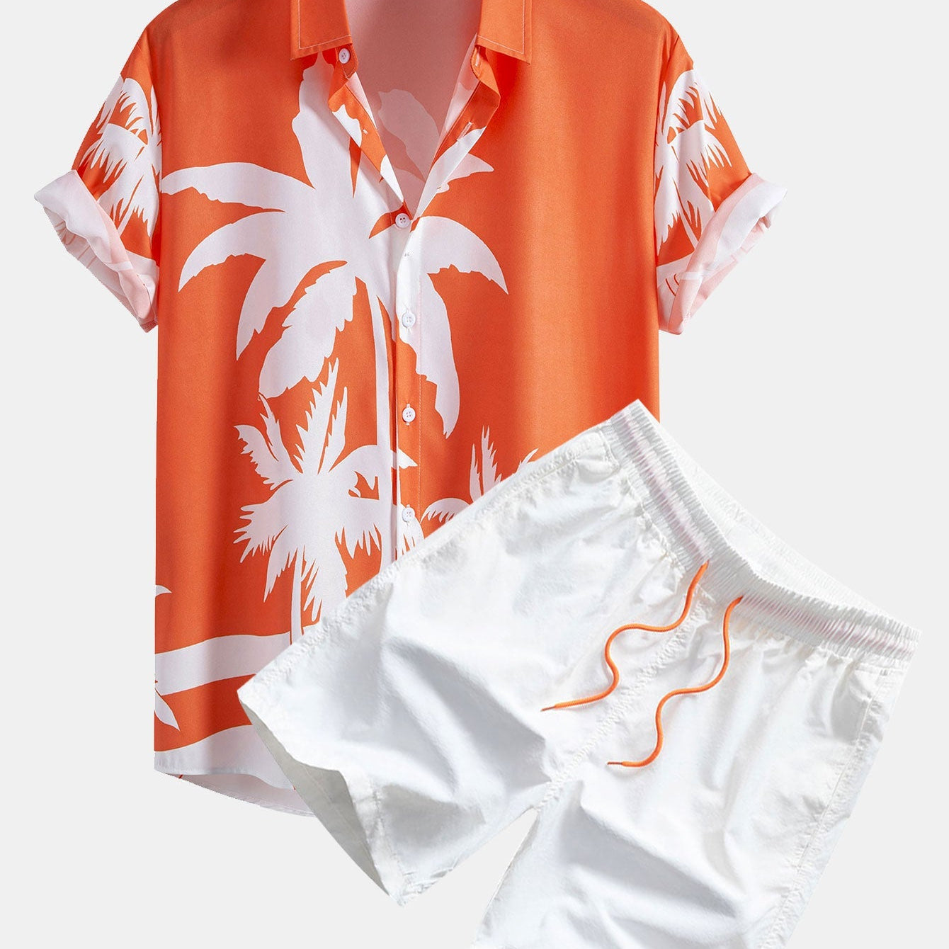 Palm Tree Print Button-Up Shirt with Matching Mid-Length Drawstring Swim Shorts for Men