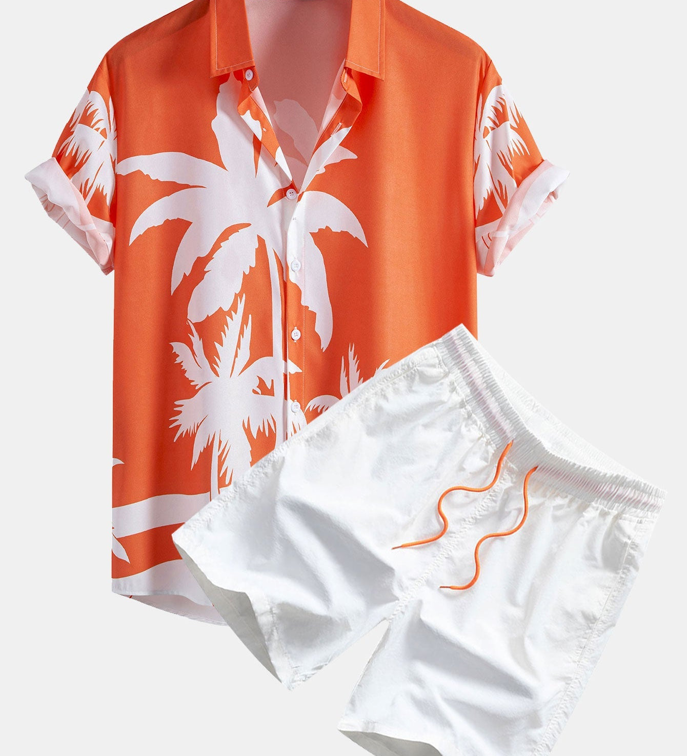 Palm Tree Print Button-Up Shirt with Matching Mid-Length Drawstring Swim Shorts for Men