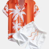 Palm Tree Print Button-Up Shirt with Matching Mid-Length Drawstring Swim Shorts for Men