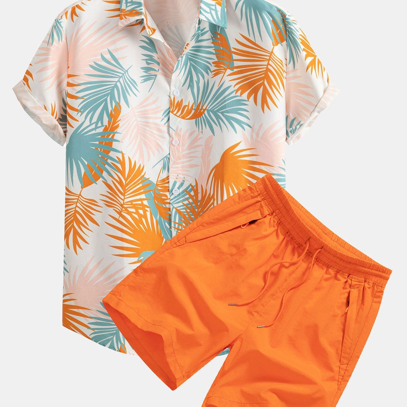 Leaf Print Button-Up Shirt & Mid-Length Drawstring Swim Shorts for Men