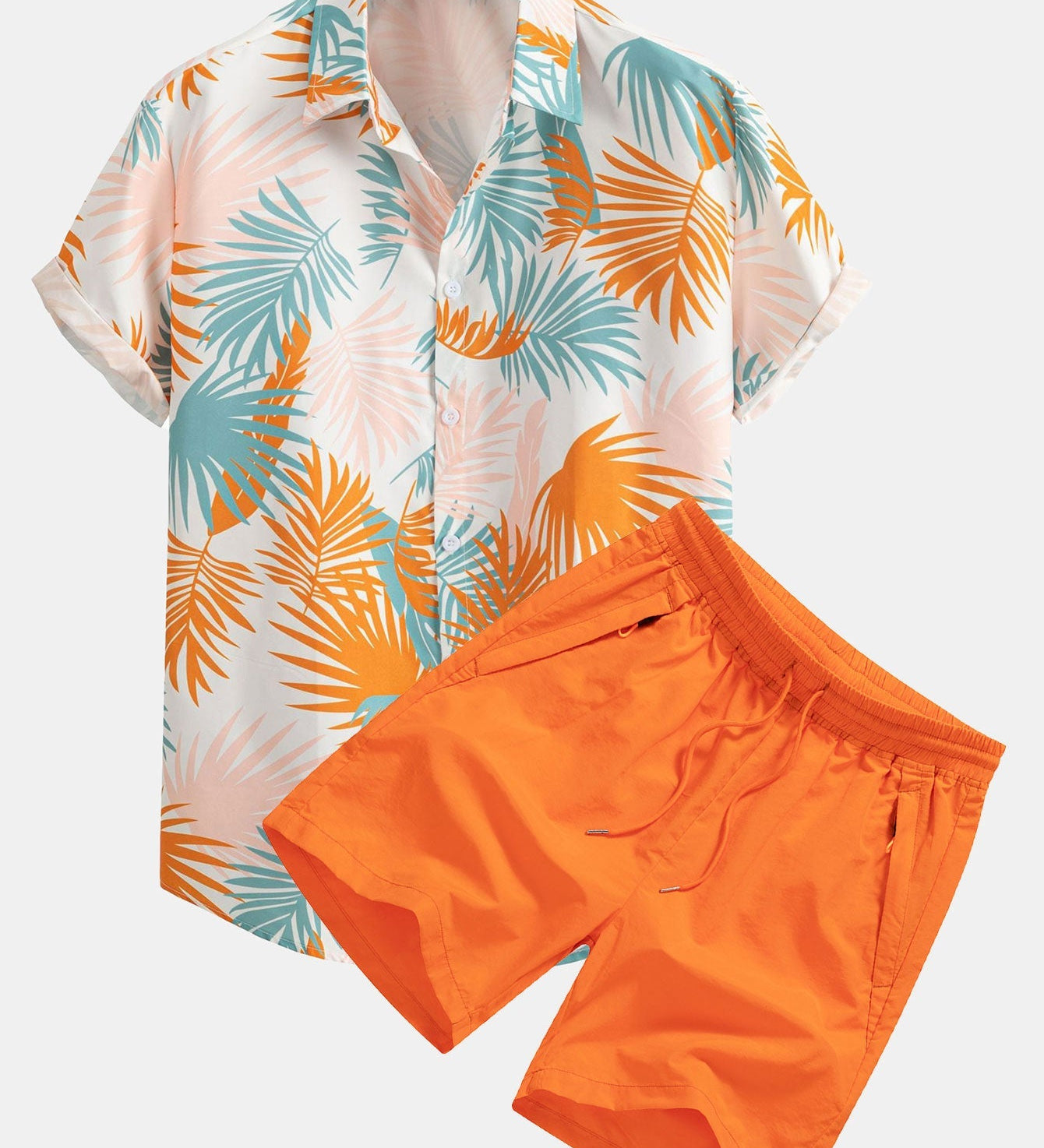 Leaf Print Button-Up Shirt & Mid-Length Drawstring Swim Shorts for Men