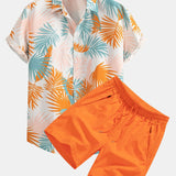 Leaf Print Button-Up Shirt & Mid-Length Drawstring Swim Shorts for Men