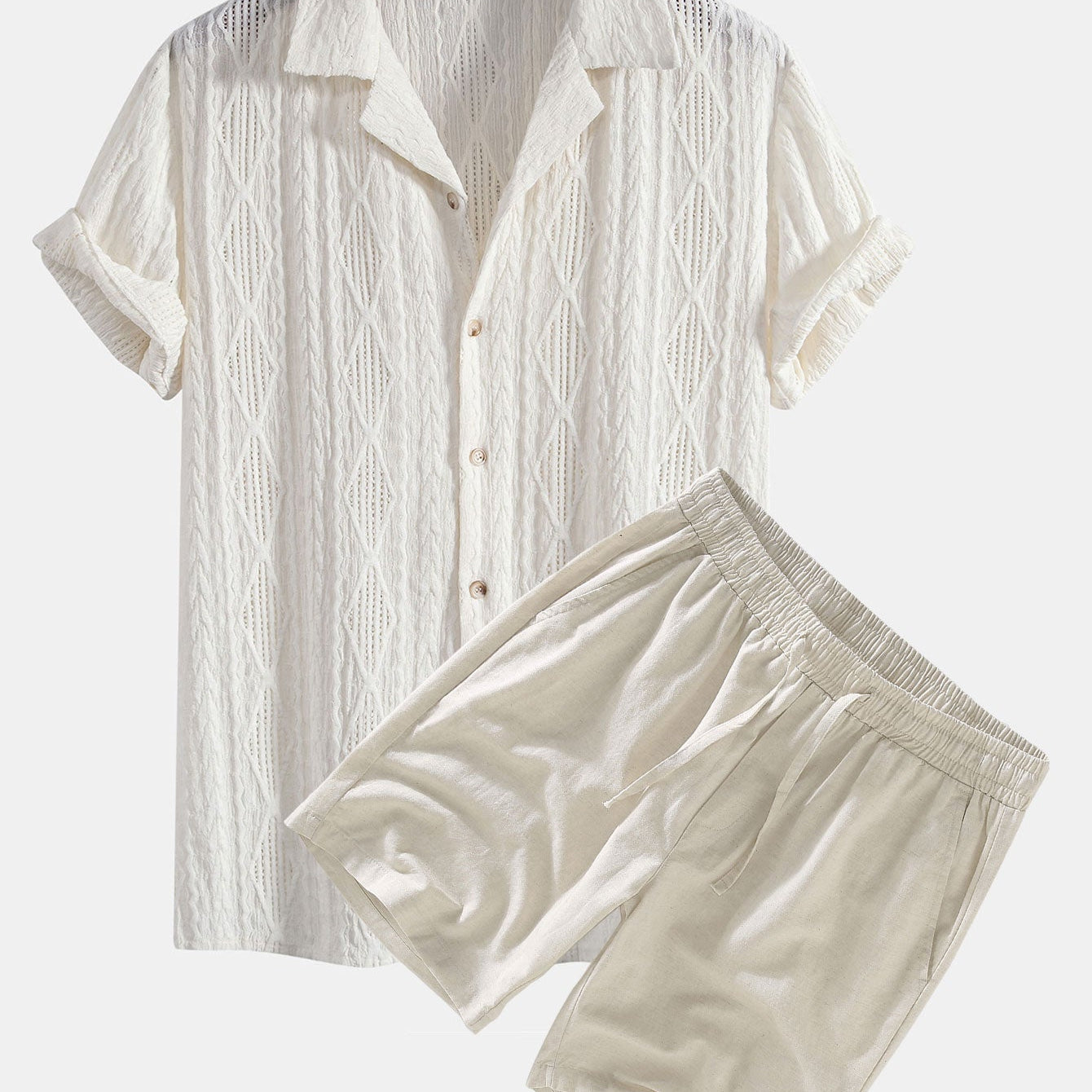Geometric Jacquard Cuban Shirt with Linen Drawstring Shorts