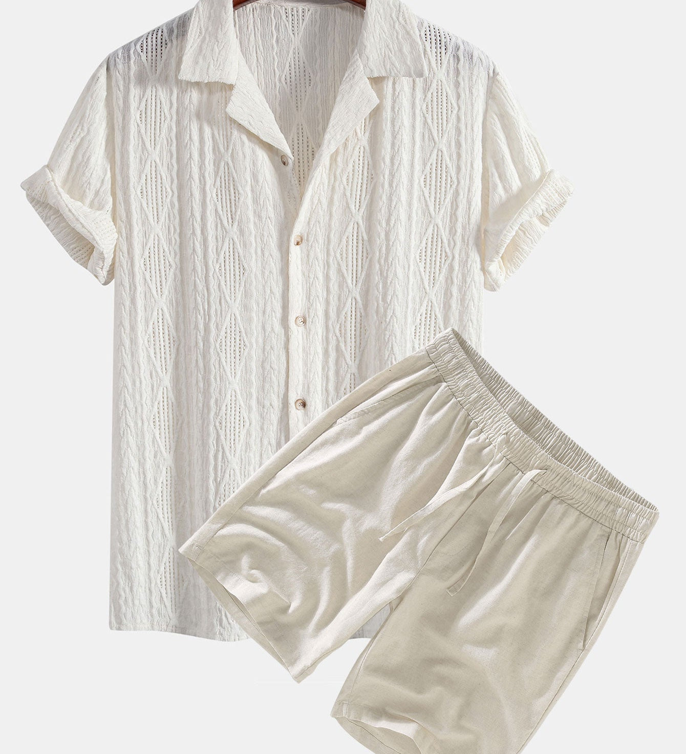 Geometric Jacquard Cuban Shirt with Linen Drawstring Shorts