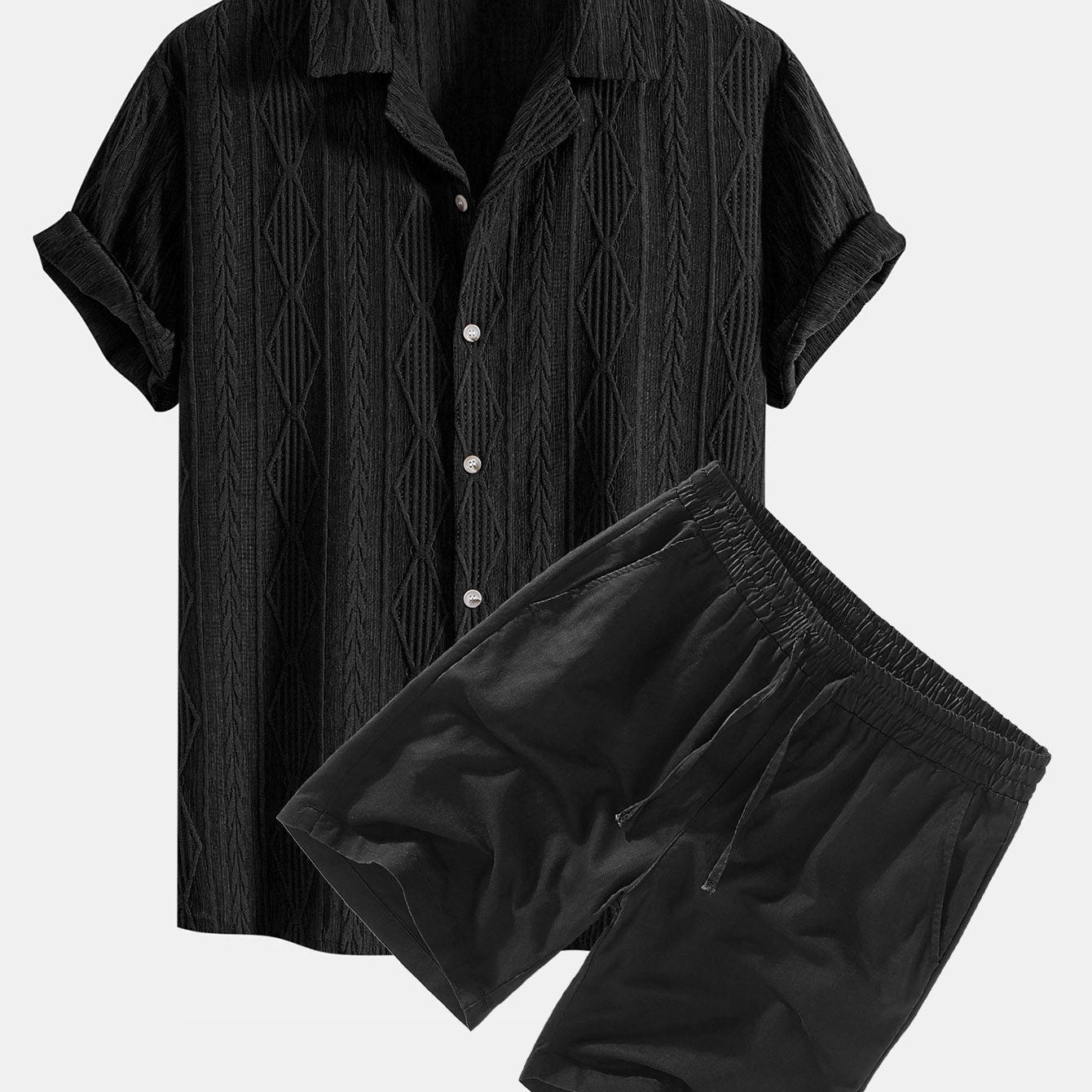 Geometric Jacquard Cuban Shirt with Linen Drawstring Shorts