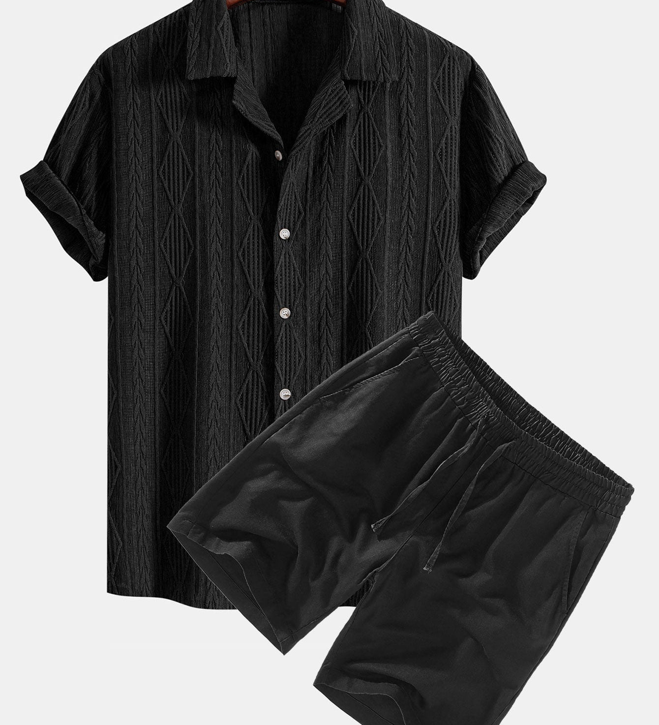 Geometric Jacquard Cuban Shirt with Linen Drawstring Shorts