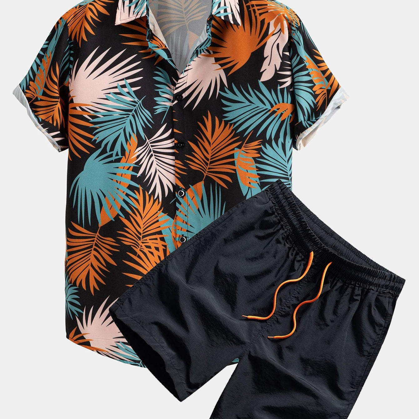 Leaf Print Button-Up Shirt & Mid-Length Drawstring Swim Shorts for Men