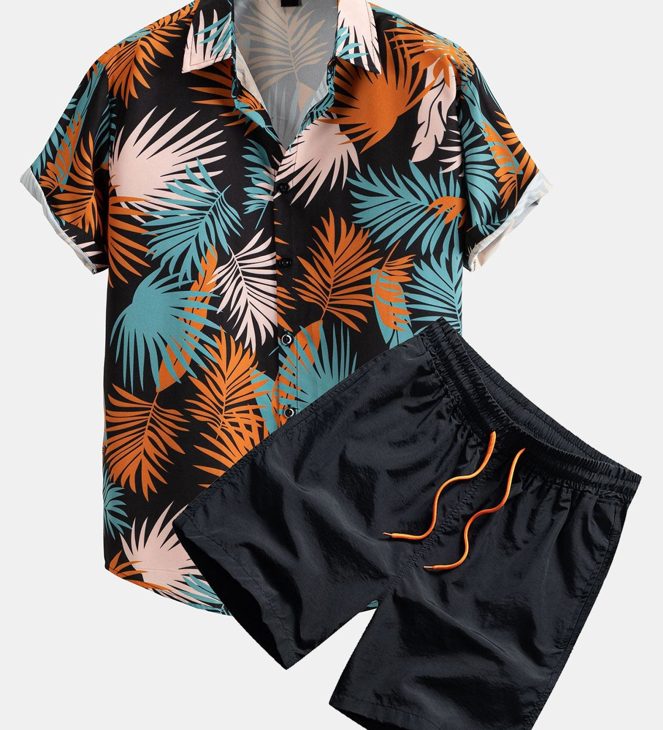 Leaf Print Button-Up Shirt & Mid-Length Drawstring Swim Shorts for Men