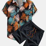 Leaf Print Button-Up Shirt & Mid-Length Drawstring Swim Shorts for Men