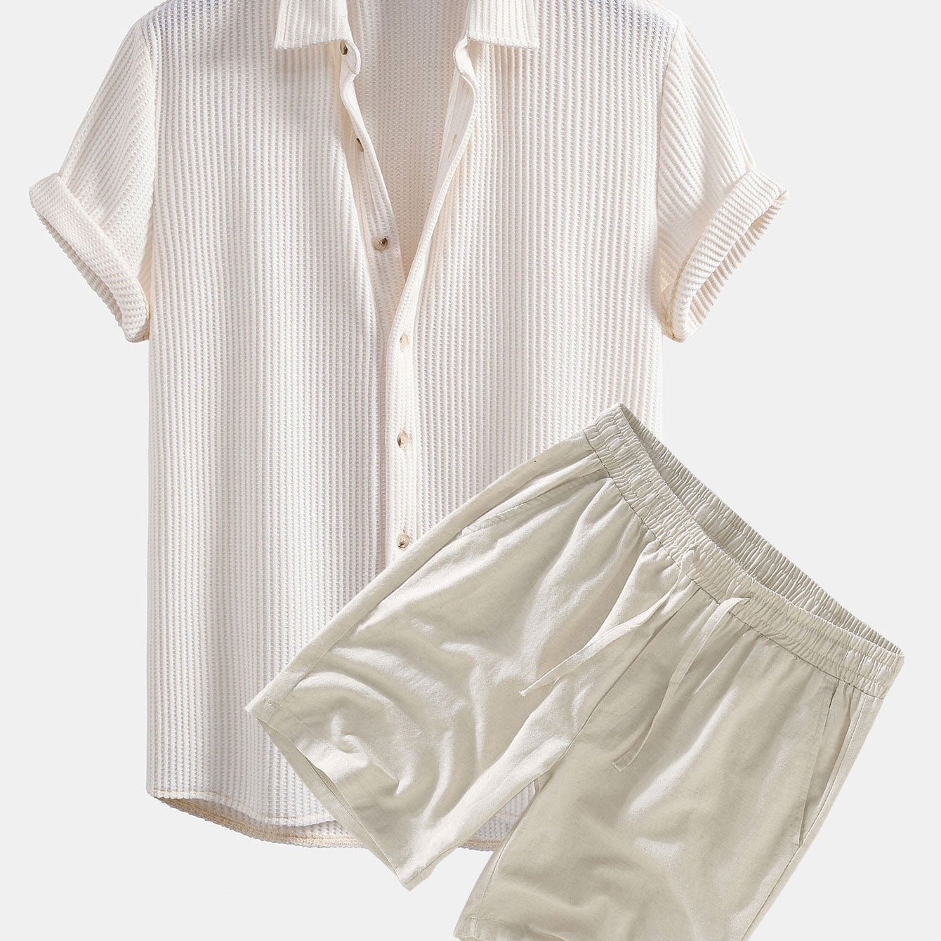 Waffle Textured Button-Up Shirt & Linen-Cotton Blend Drawstring Shorts