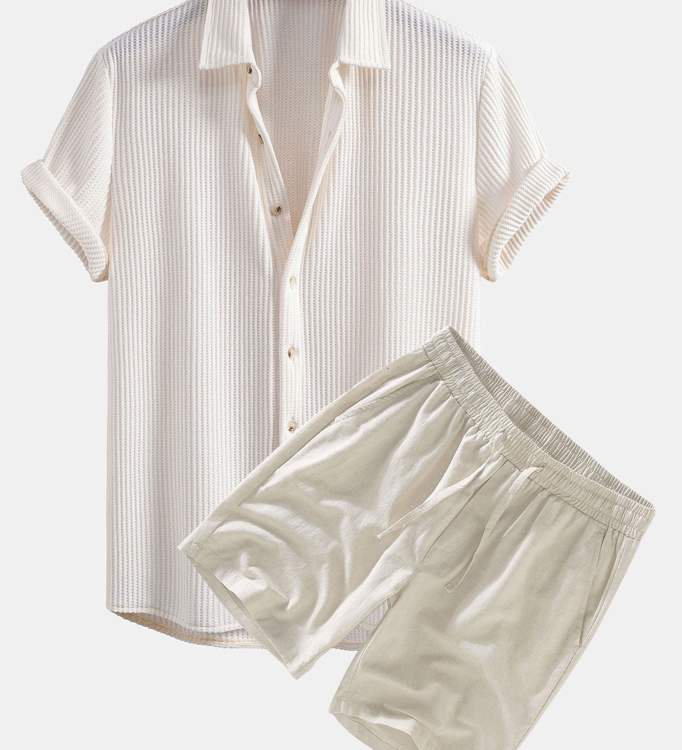 Waffle Textured Button-Up Shirt & Linen-Cotton Blend Drawstring Shorts