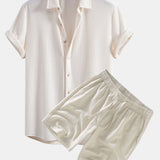 Waffle Textured Button-Up Shirt & Linen-Cotton Blend Drawstring Shorts