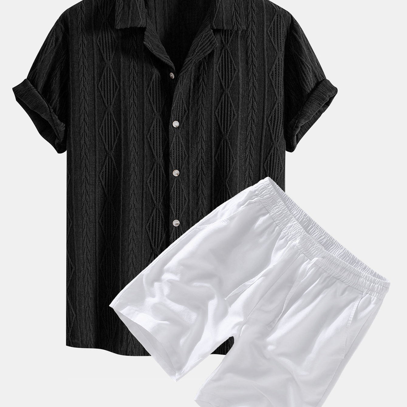 Geometric Jacquard Cuban Shirt with Linen Drawstring Shorts