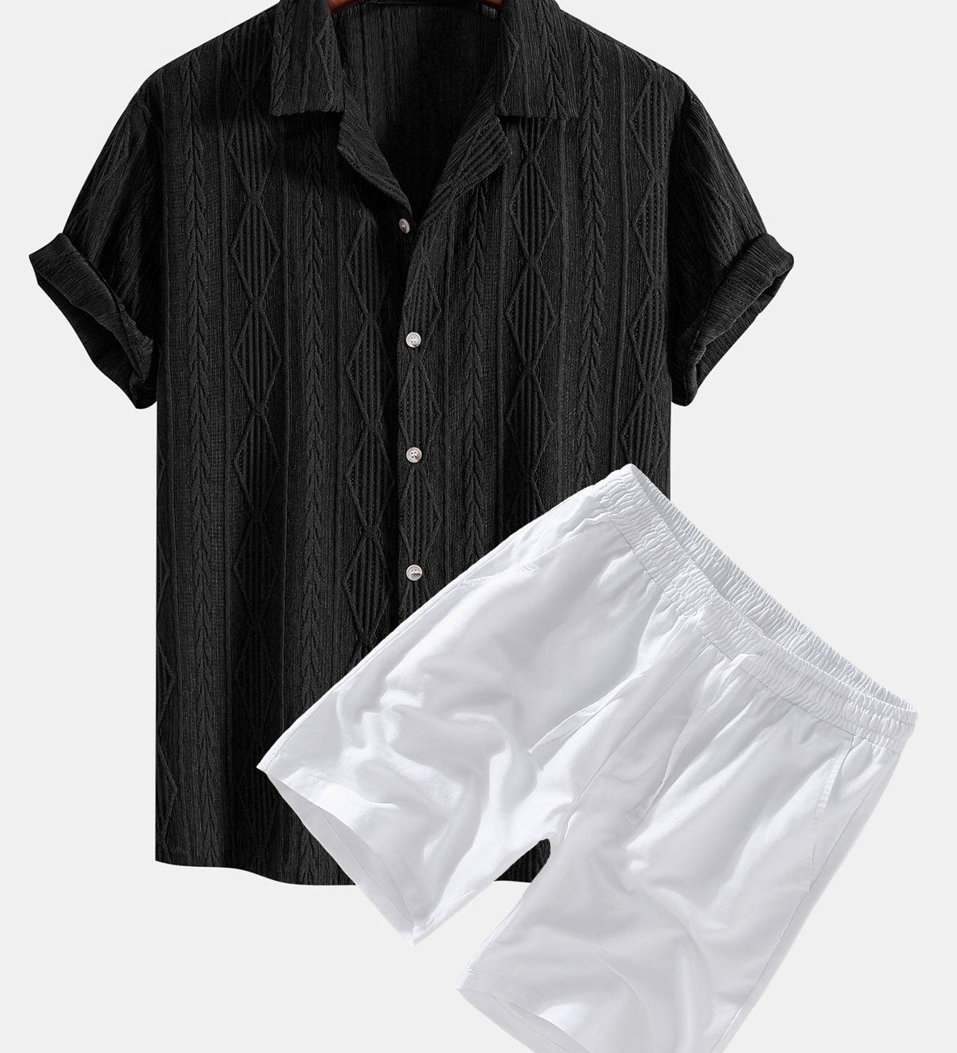 Geometric Jacquard Cuban Shirt with Linen Drawstring Shorts