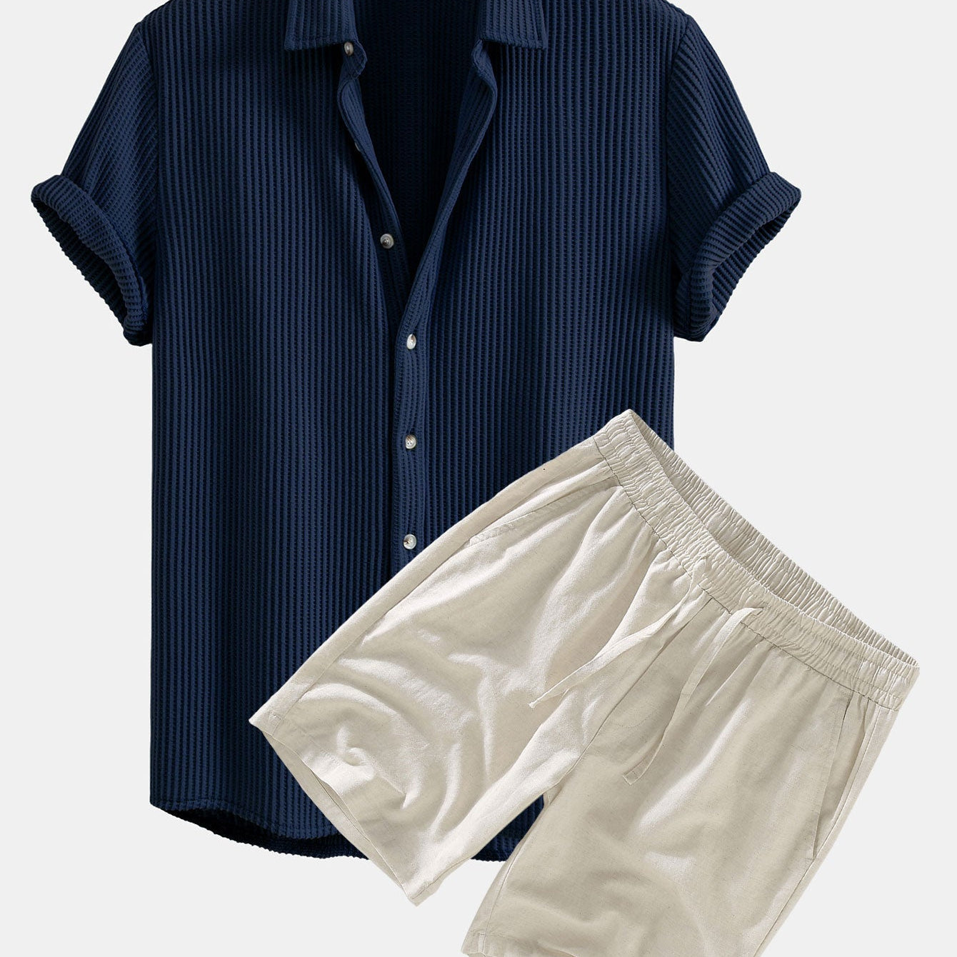 Waffle Textured Button-Up Shirt & Linen-Cotton Blend Drawstring Shorts