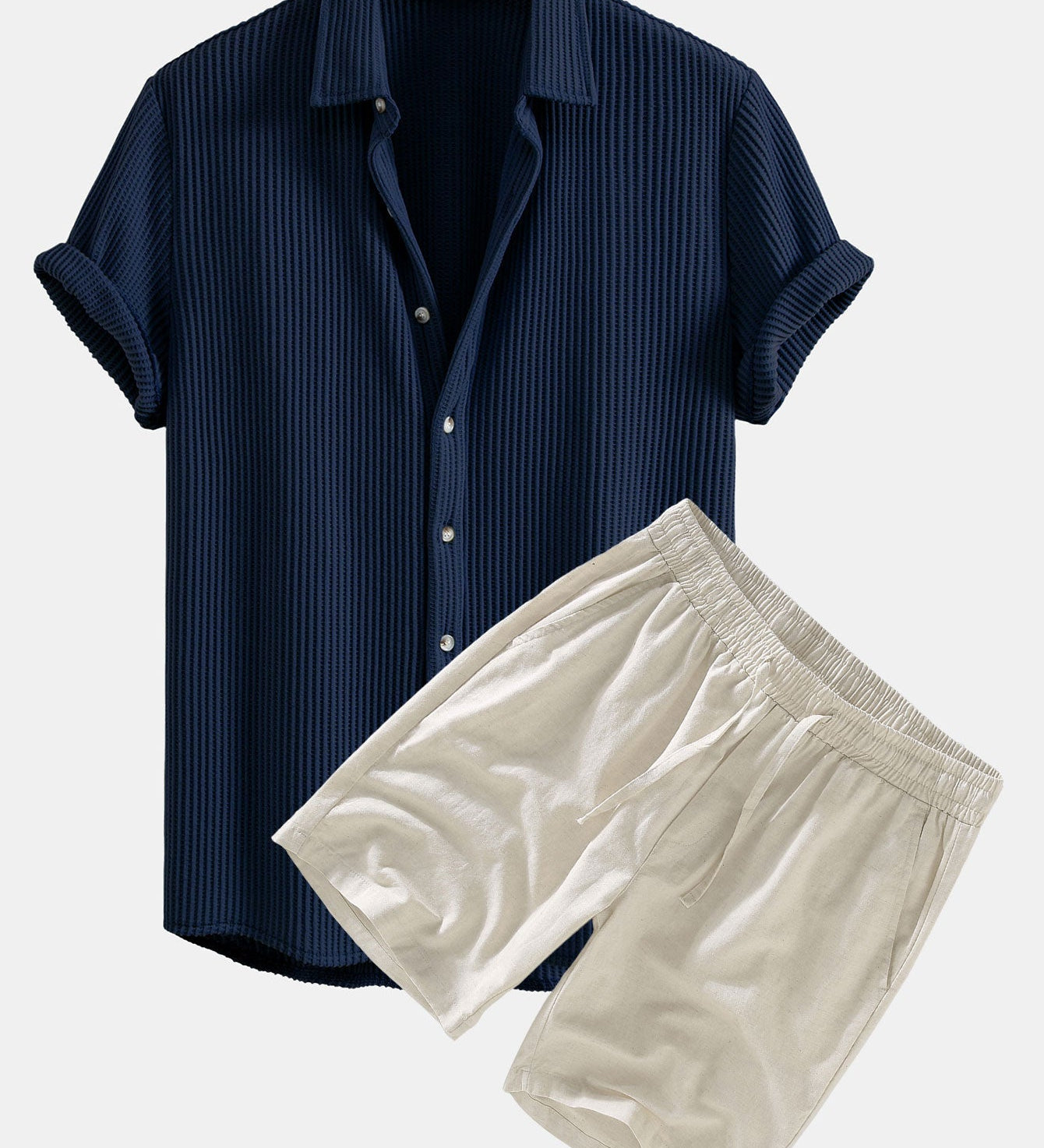 Waffle Textured Button-Up Shirt & Linen-Cotton Blend Drawstring Shorts