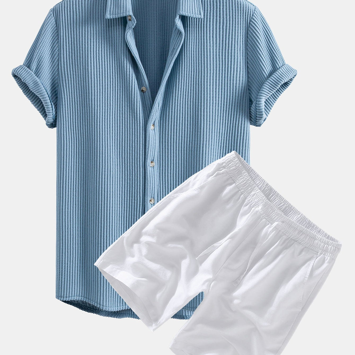 Waffle Textured Button-Up Shirt & Linen-Cotton Blend Drawstring Shorts
