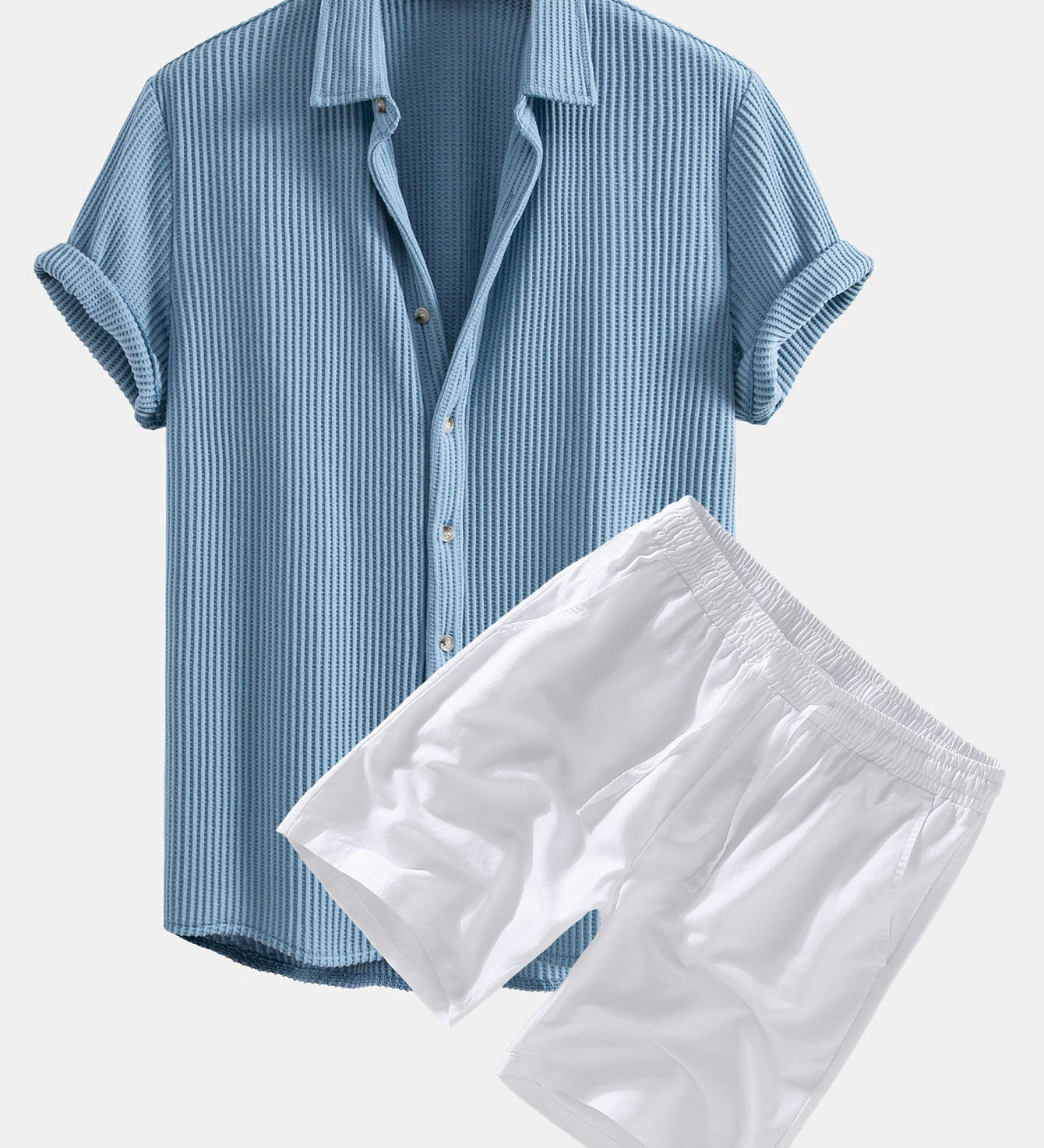 Waffle Textured Button-Up Shirt & Linen-Cotton Blend Drawstring Shorts
