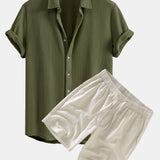 Waffle Textured Button-Up Shirt & Linen-Cotton Blend Drawstring Shorts