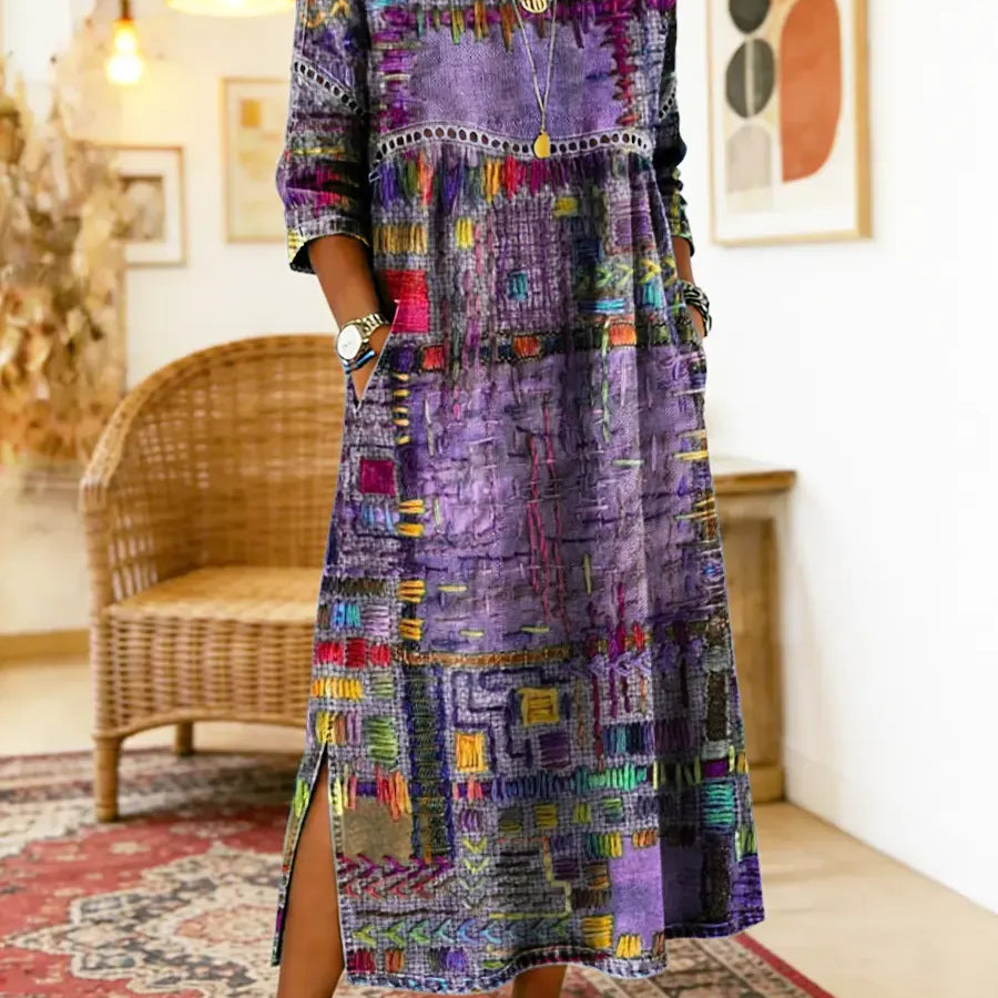 RENATA – Spalvinga džinsinė patchwork suknelė