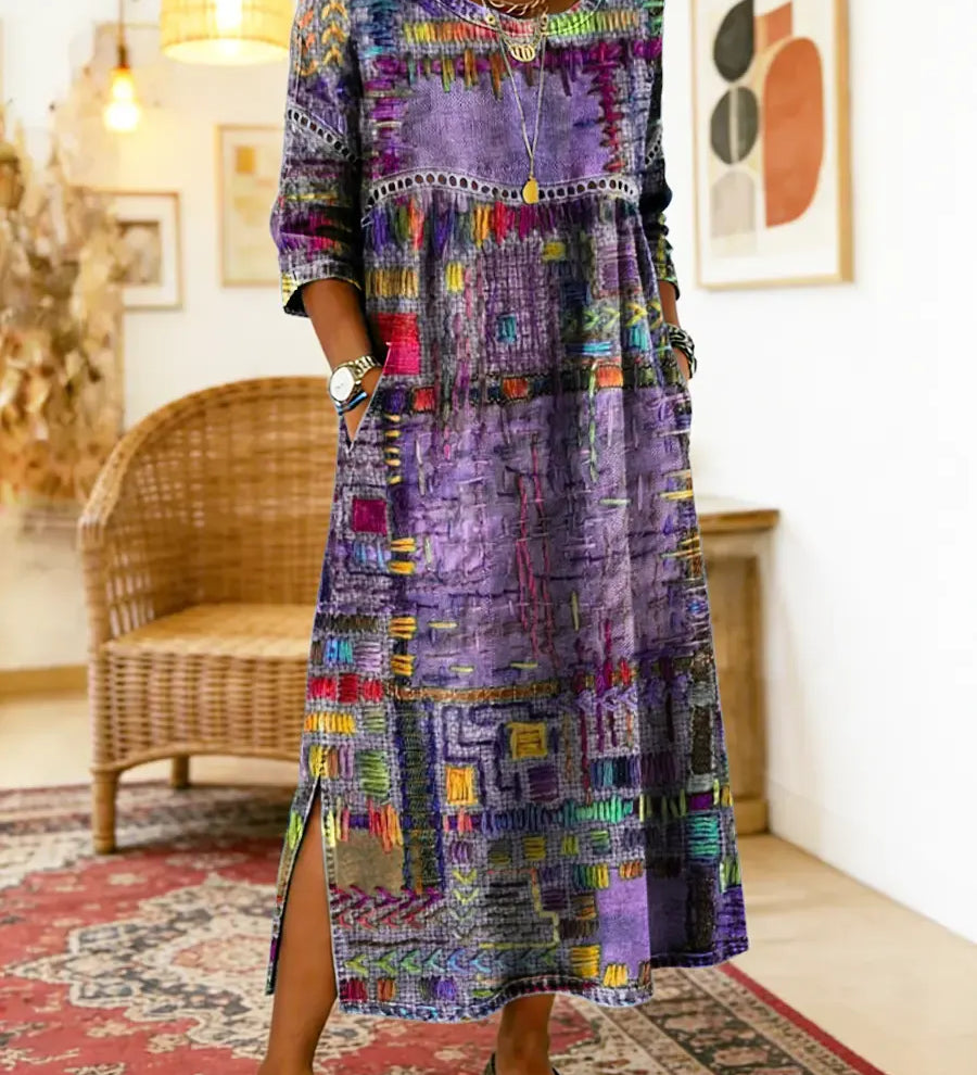 RENATA – Spalvinga džinsinė patchwork suknelė