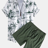 Island-Inspired Sailing Print Button-Up Shirt with Solid Drawstring Swim Shorts