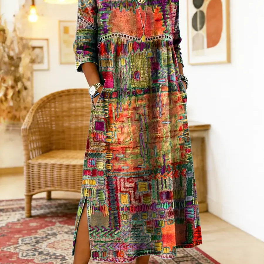 RENATA – Spalvinga džinsinė patchwork suknelė