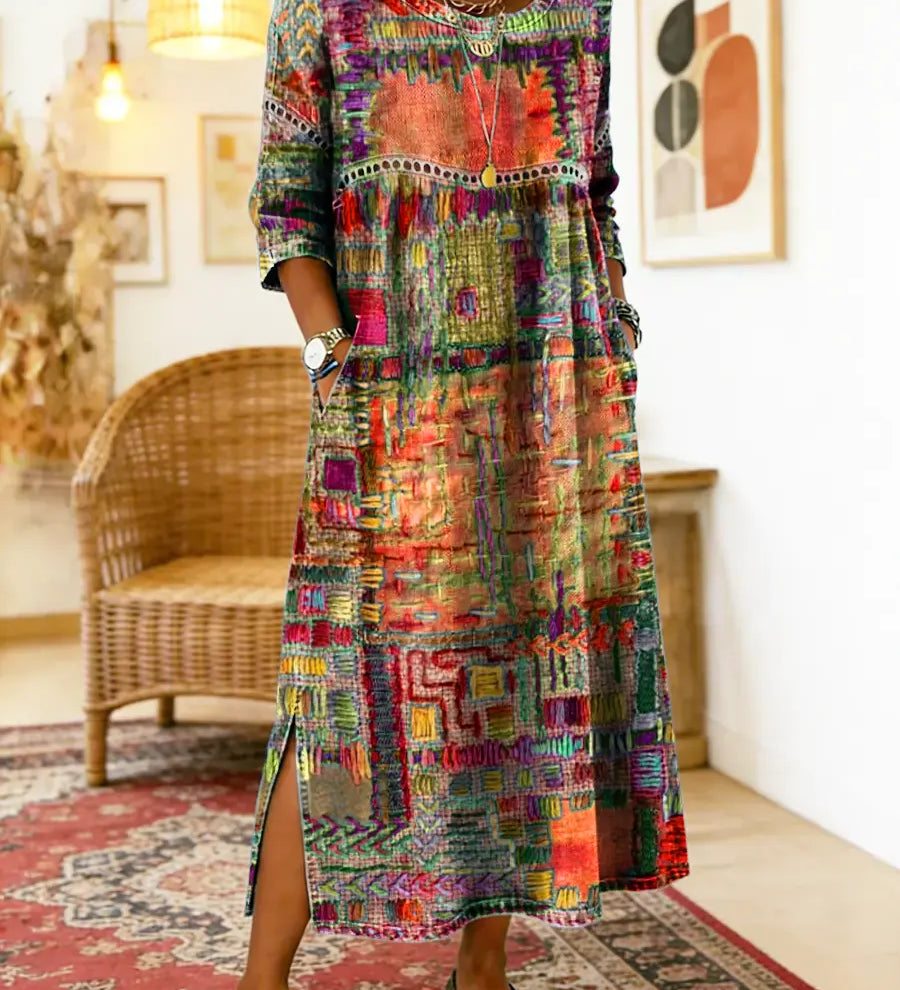 RENATA – Spalvinga džinsinė patchwork suknelė