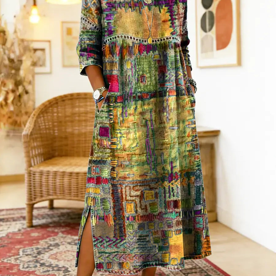 RENATA – Spalvinga džinsinė patchwork suknelė