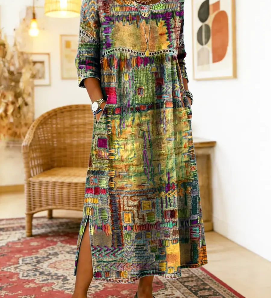 RENATA – Spalvinga džinsinė patchwork suknelė