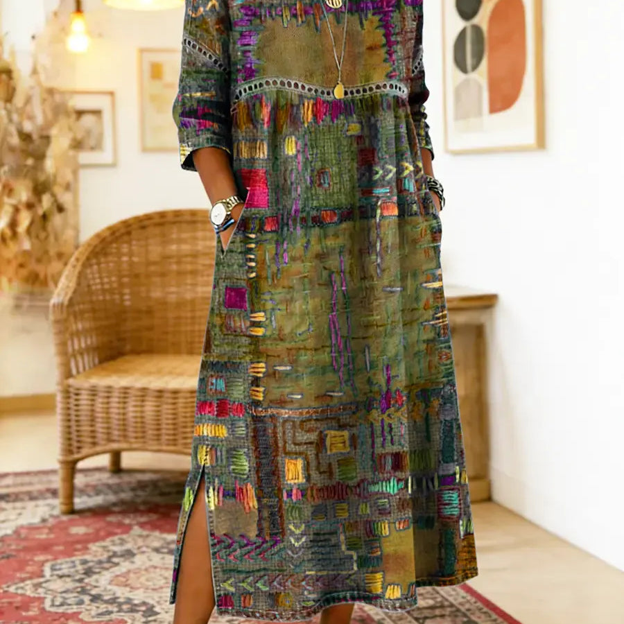 RENATA – Spalvinga džinsinė patchwork suknelė