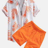 Leaf Pattern Button-Up Shirt with Matching Swim Shorts
