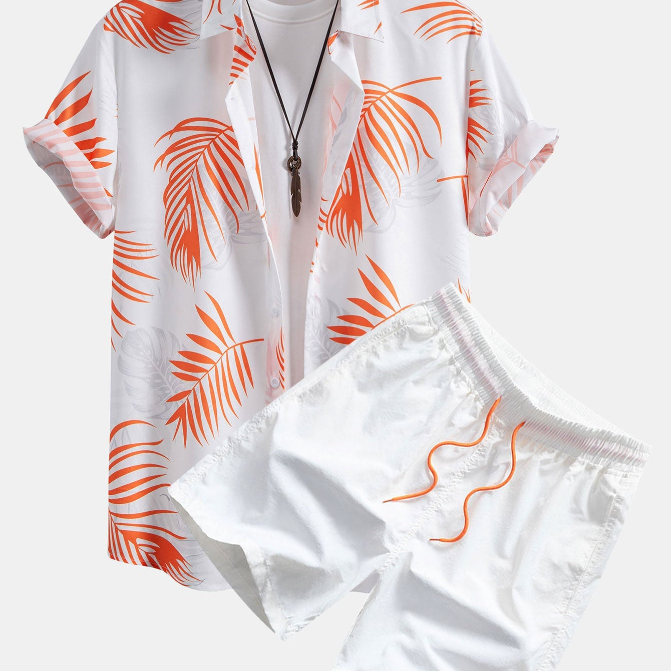 Leaf Pattern Button-Up Shirt with Matching Swim Shorts