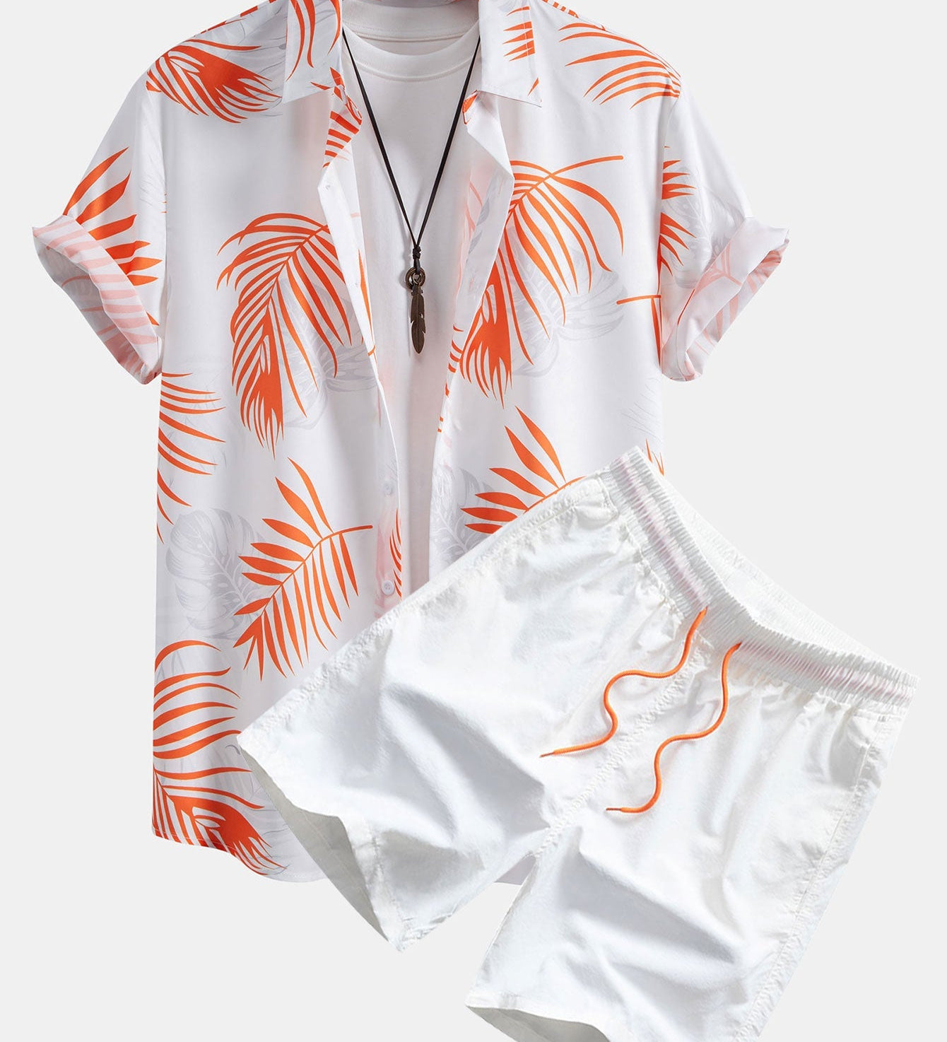 Leaf Pattern Button-Up Shirt with Matching Swim Shorts